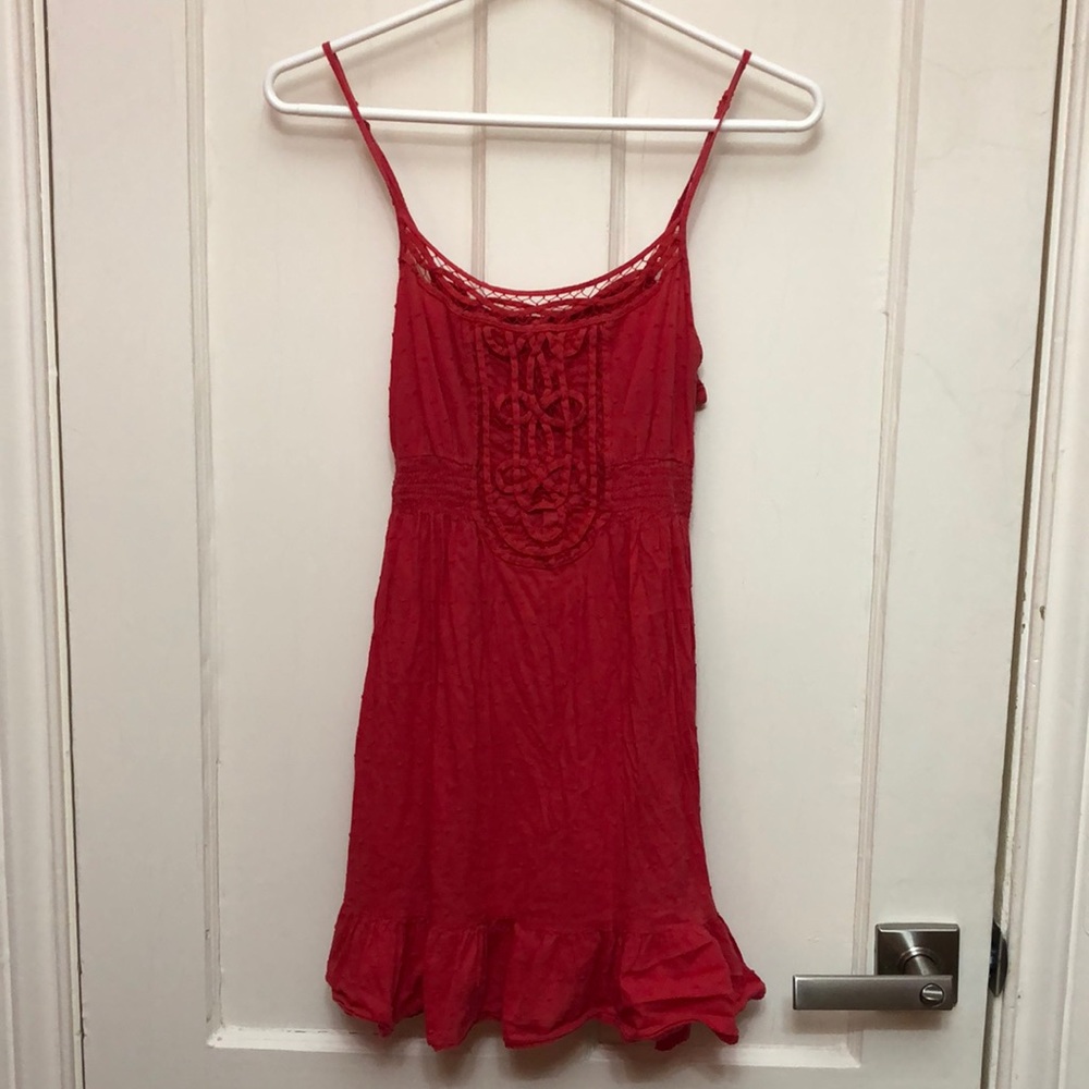 Vintage Y2K tomato red mini dress with lace detail and a ribbon tied in back